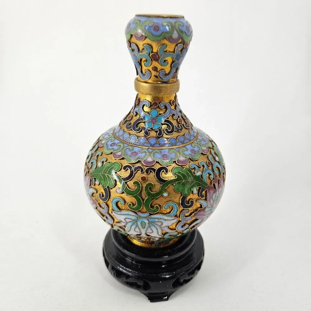 Vintage Chinese Cloisonne Enamel Floral Vase Miniature w/ Stand 20C